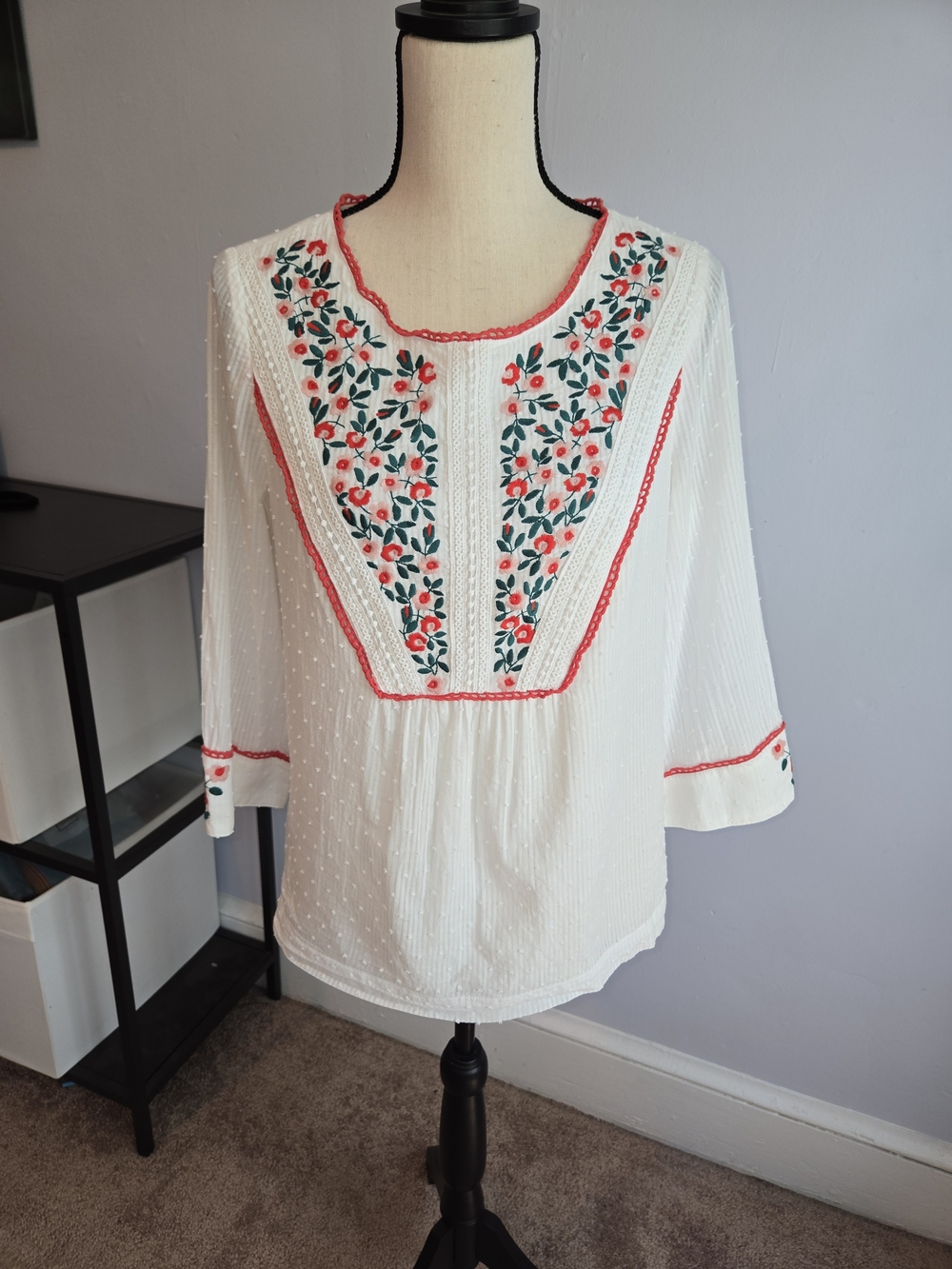 Boden Kelsey Ivory Swiss Dot  Embroidered Top 3/4 Sleeve Peasant Boho US 6 - Picture 2 of 11